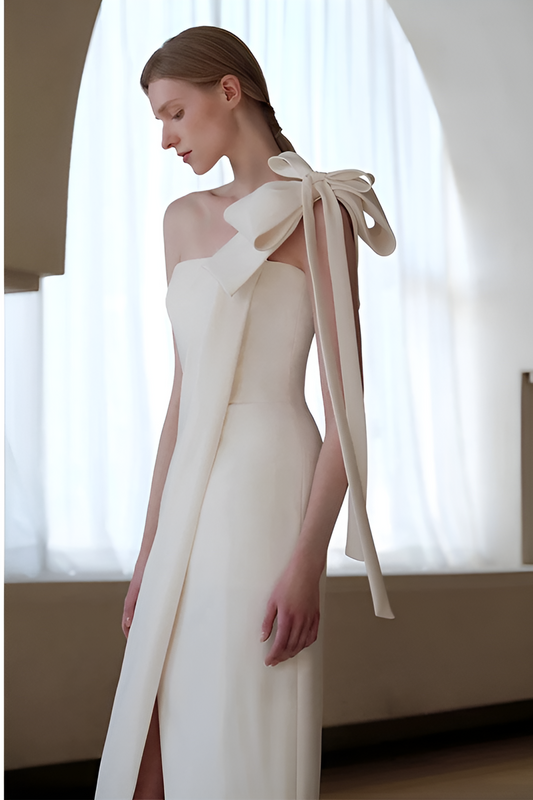 Elegant banquet sexy slit one-shoulder white evening dress