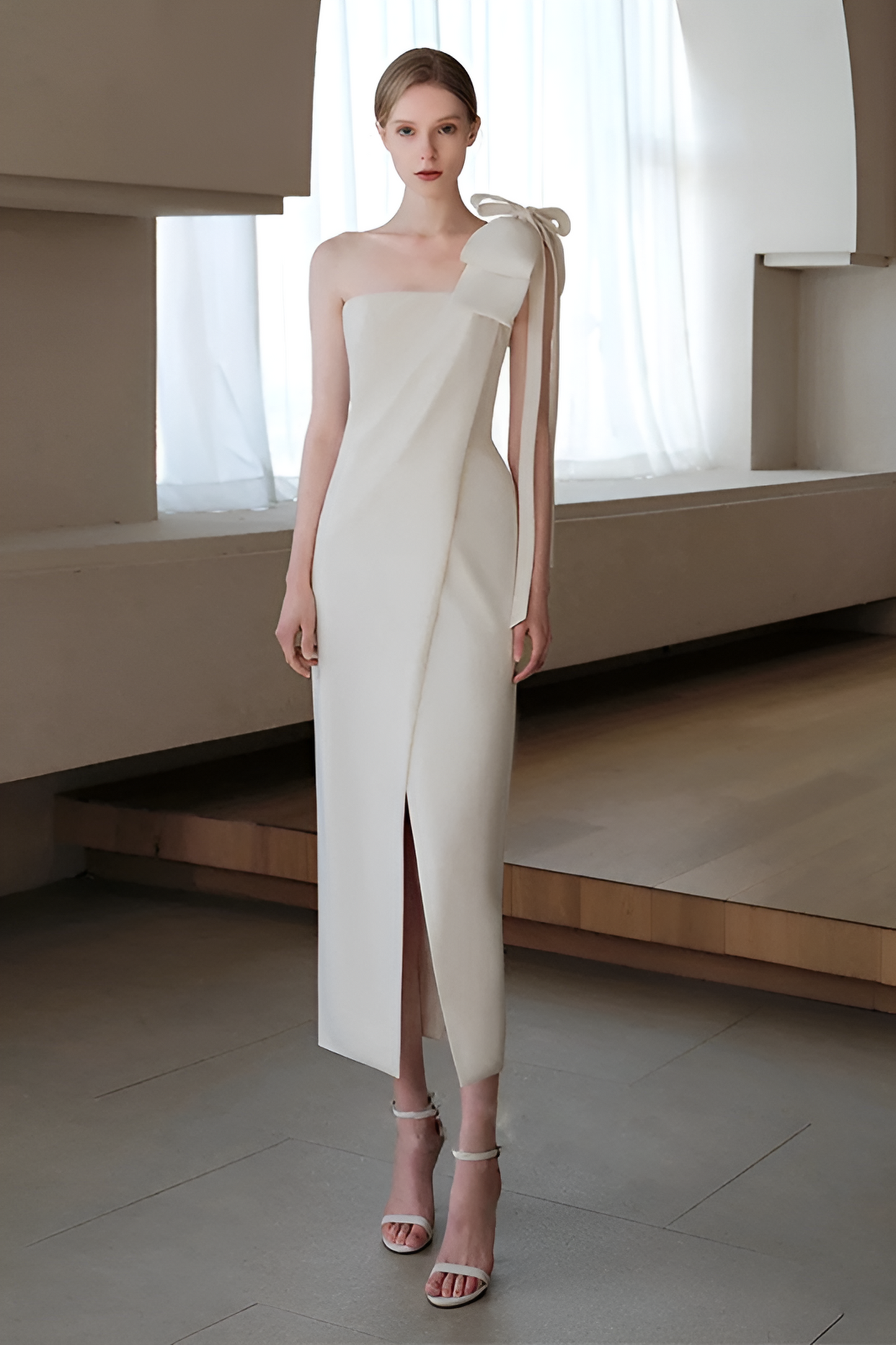 Elegant banquet sexy slit one-shoulder white evening dress