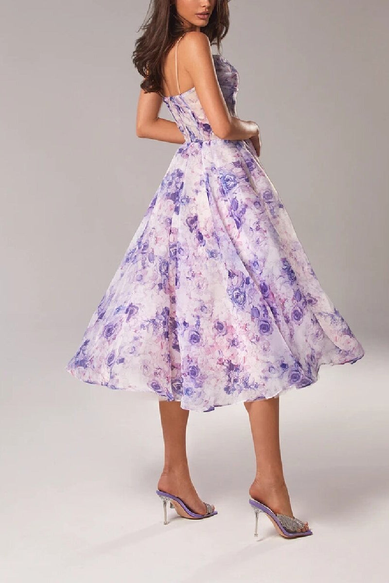 Strapless sleeveless printed full skirt dress
