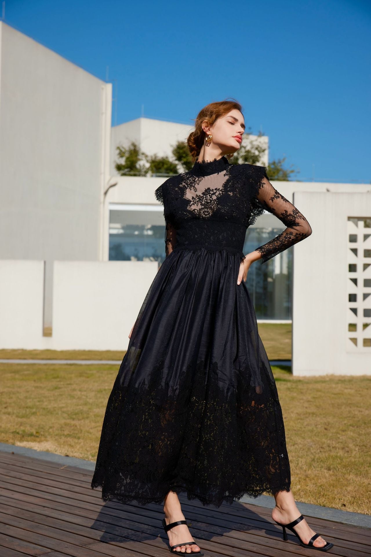 Long-sleeved lace mid-neck patchwork evening gown