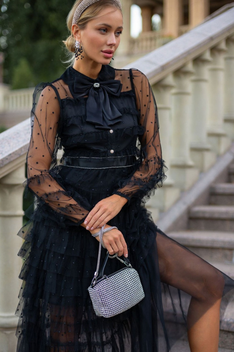 Embroidered polka dot mesh dress