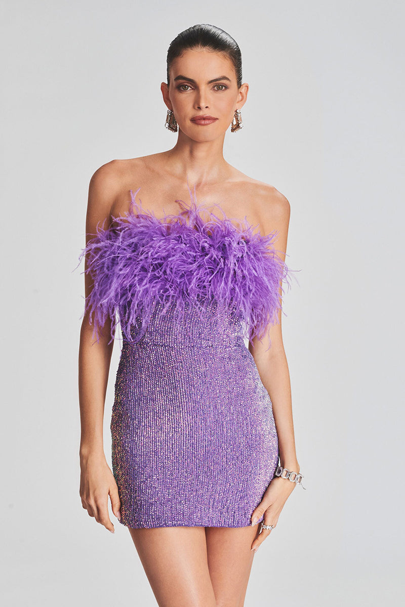 Sexy backless ostrich feather fringed tube top evening dress