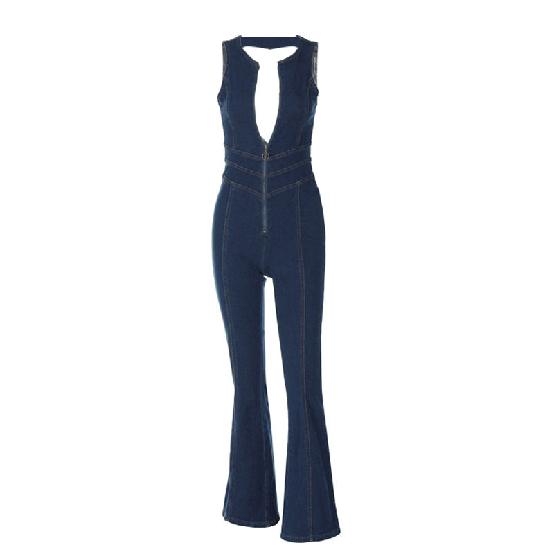 Women's backless sweetheart denim jumpsuit