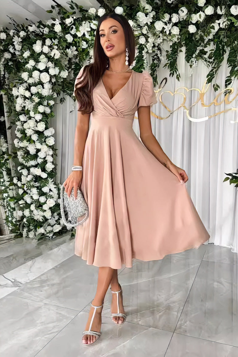 Sexy V-neck solid color short-sleeved midi dress