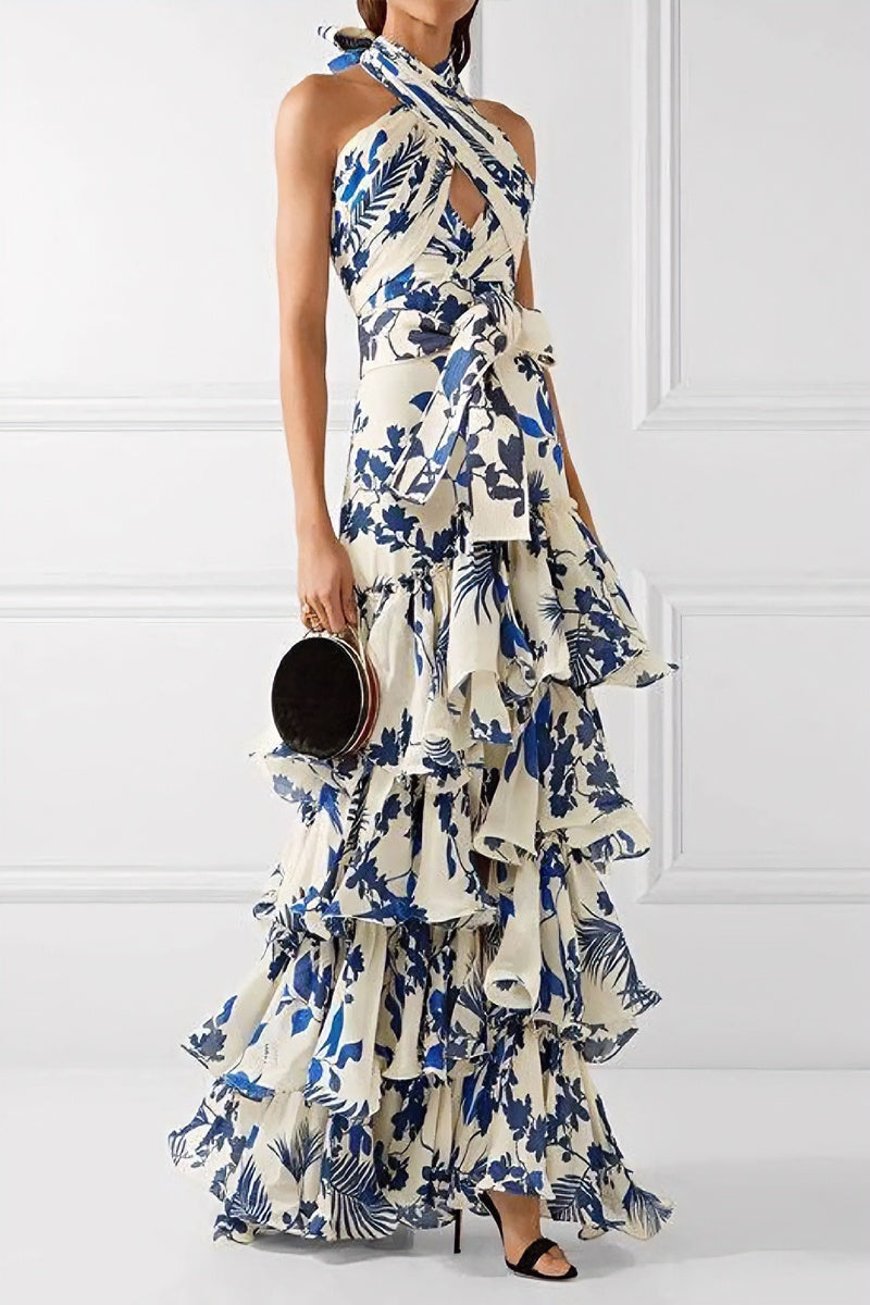 Bohemian resort style strappy Lolita skirt printed dress