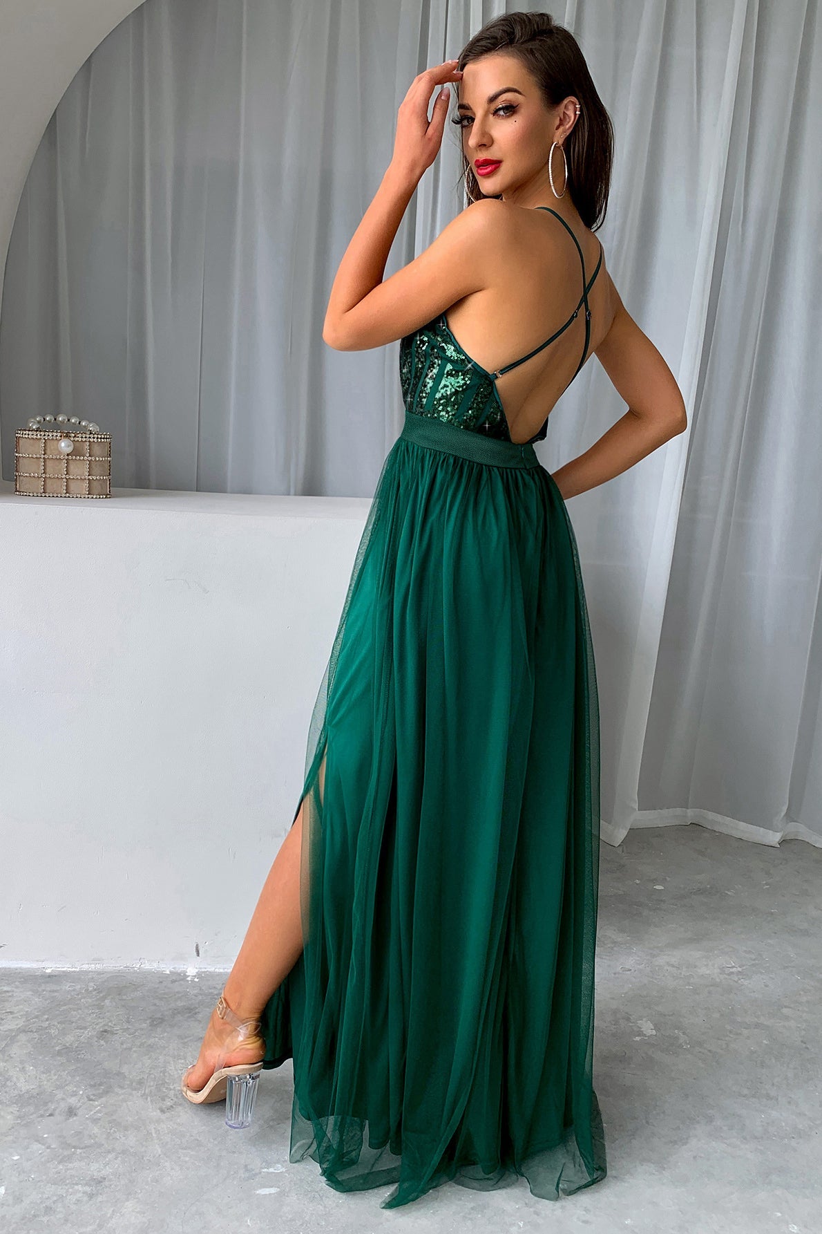 Strappy V-neck mesh slit backless dress