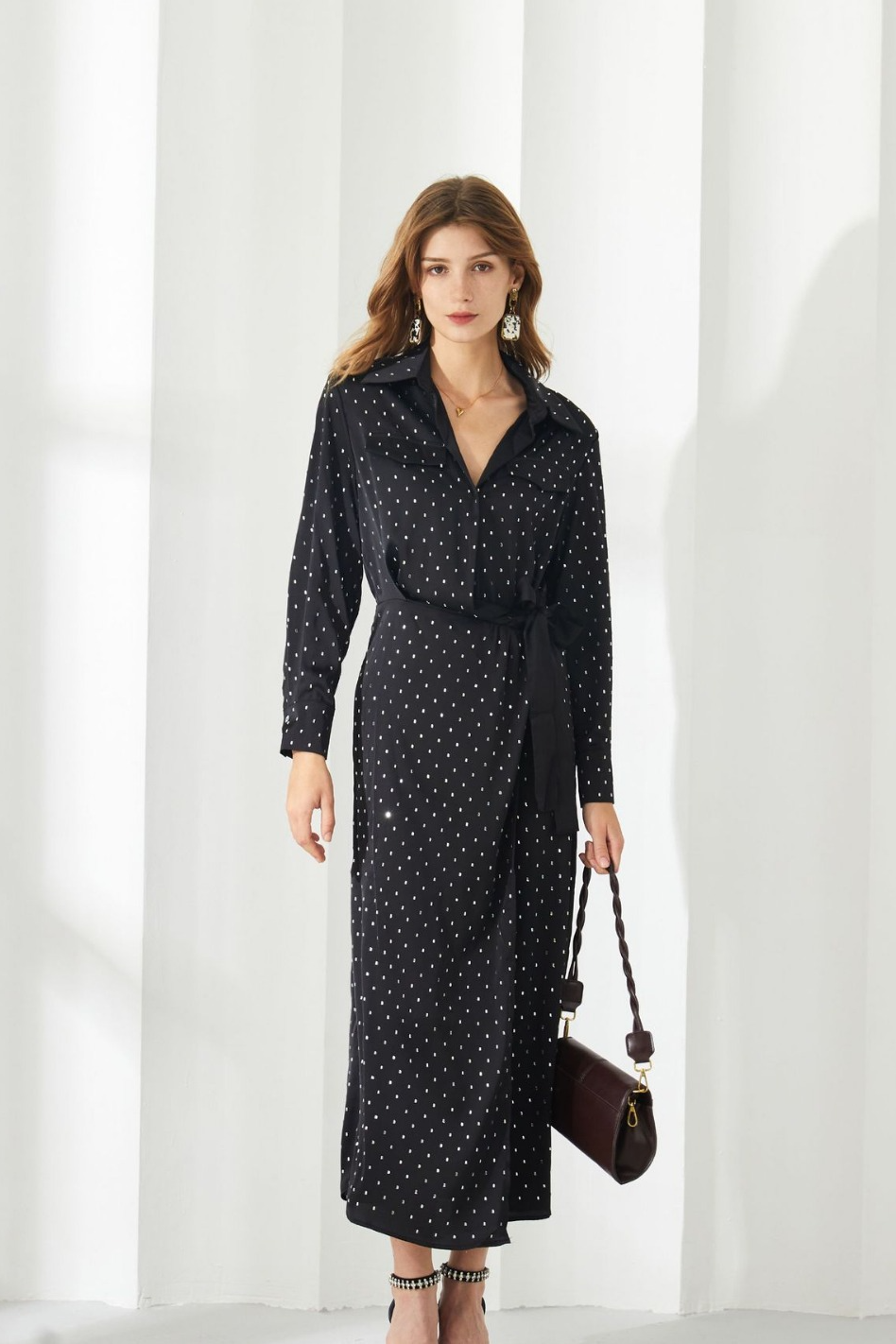 Polka dot long sleeve thin bow dress