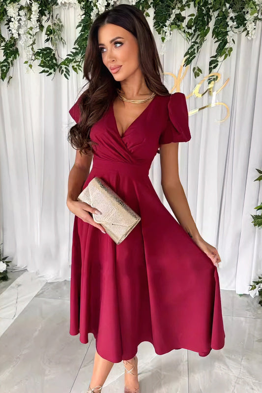 Sexy V-neck solid color short-sleeved midi dress