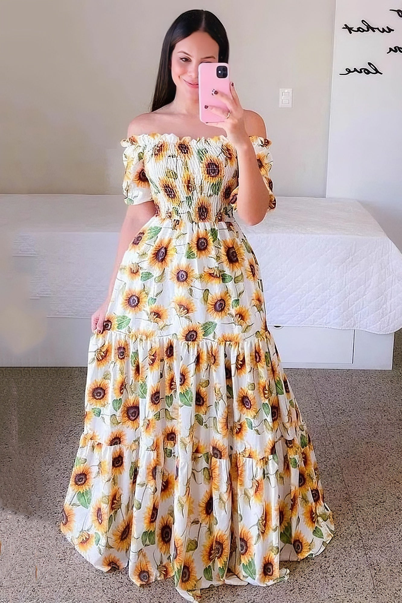 One-shoulder floral off-shoulder long printed dress