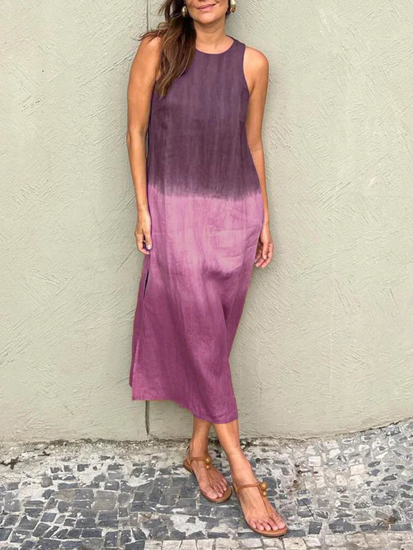 [Same Day Delivery]Women's casual cotton and linen sleeveless slit gradient tie-dye long dress