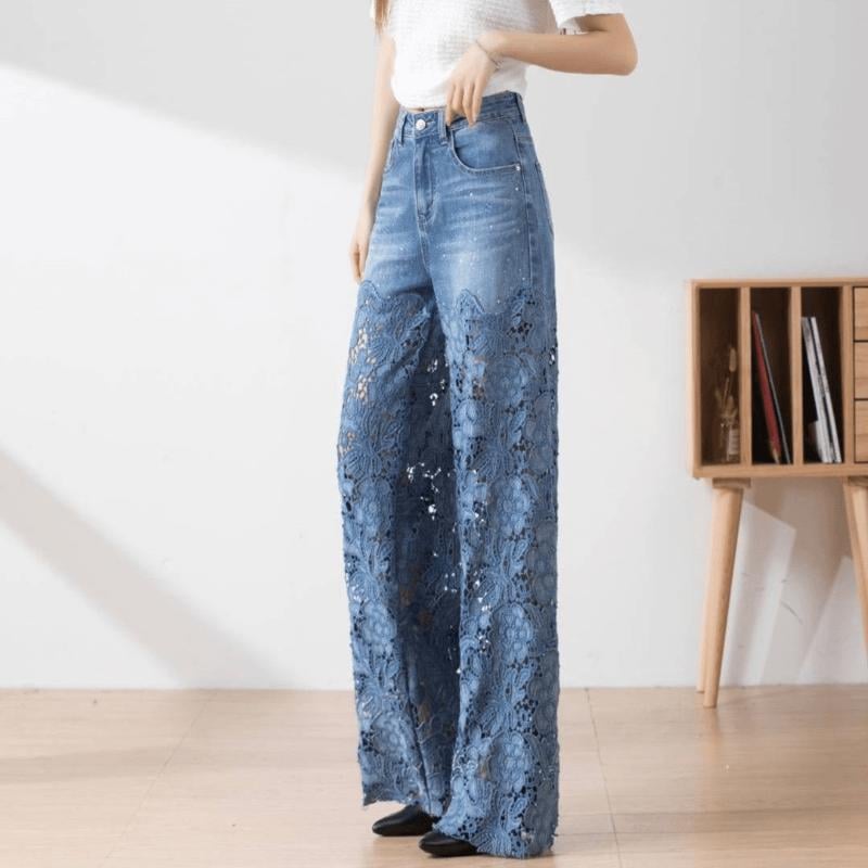 Handmade Hollow Lace Patchwork Jeans