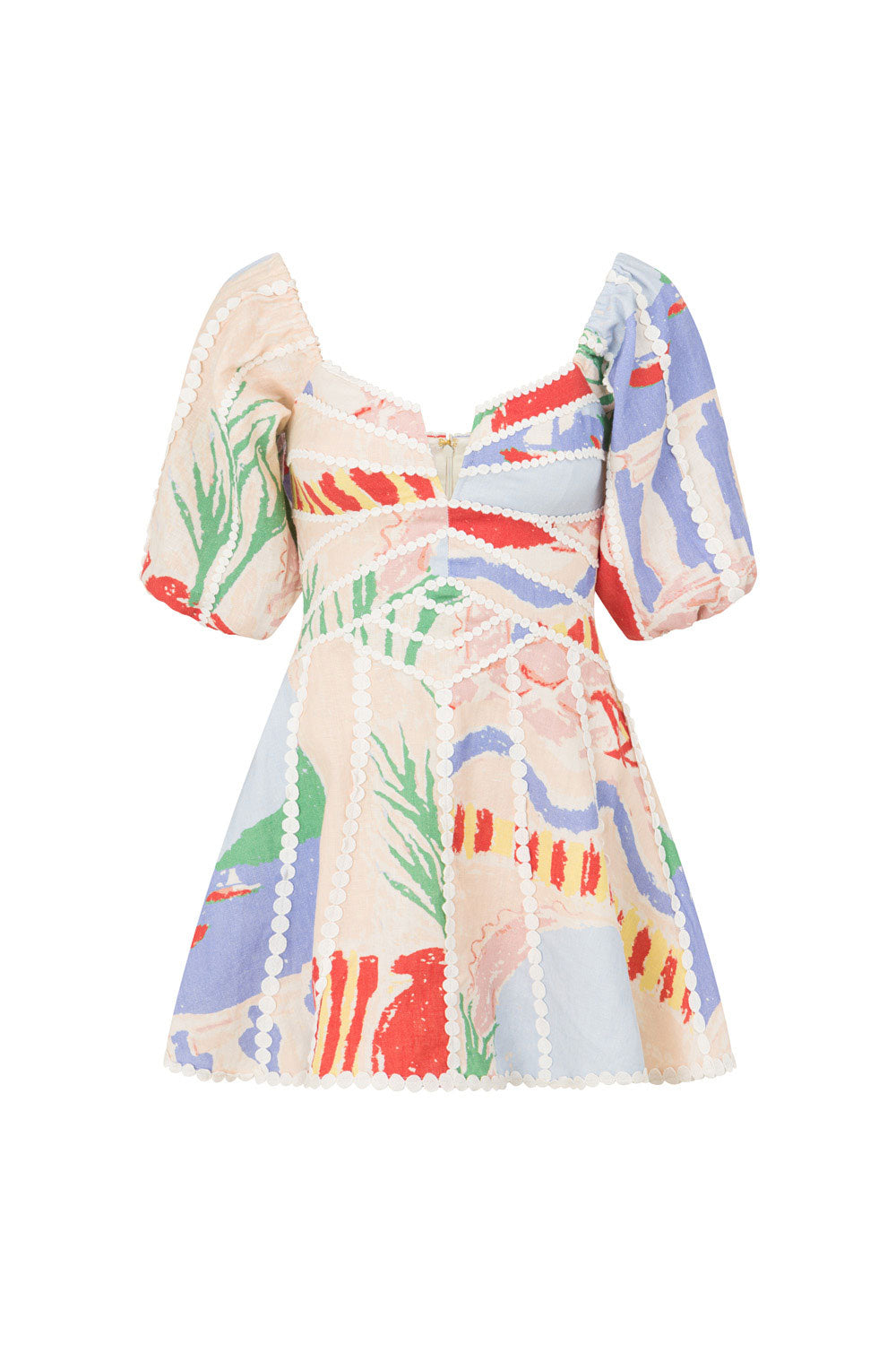 V Neck Puff Sleeves Ric Rac Trim Printed Mini Dress