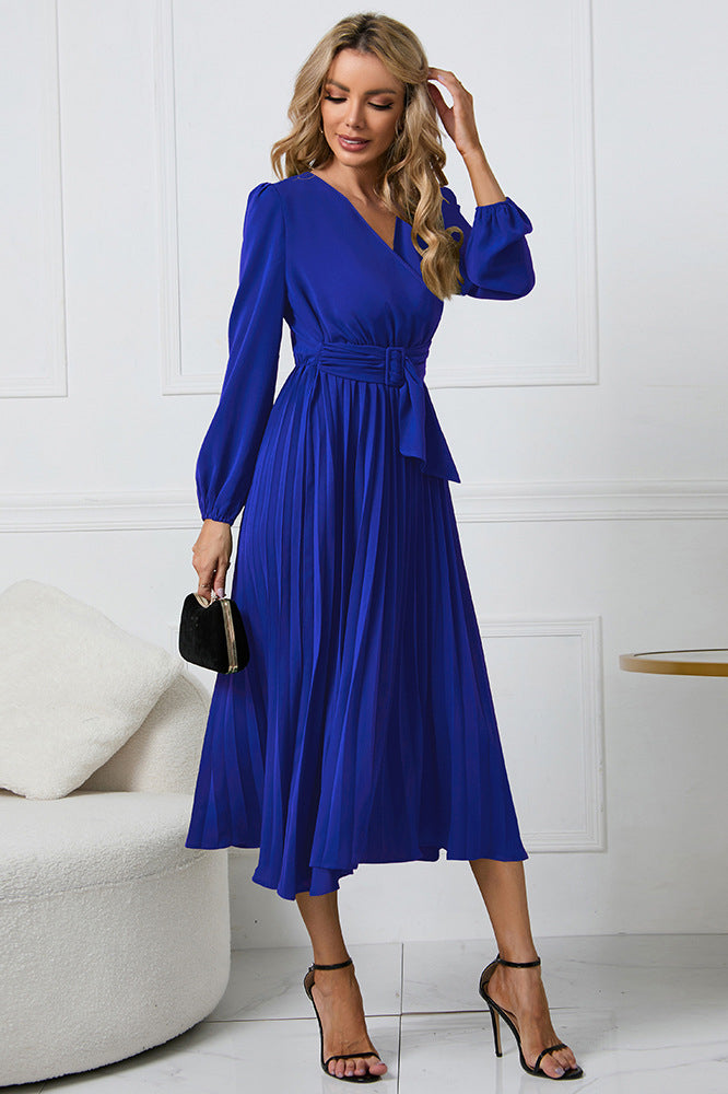 Slim fit pleated belted V-neck dress