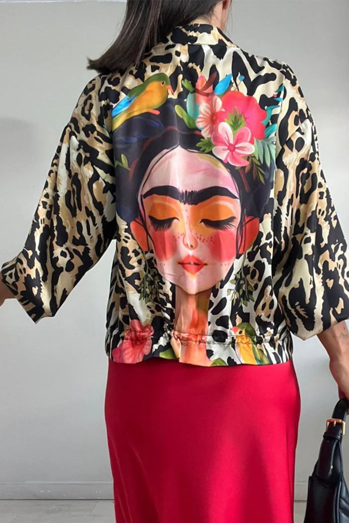 Leopard Unique Print Zipper Drawstring Hem Bomber Jacket (Buy 2 Free Shipping)