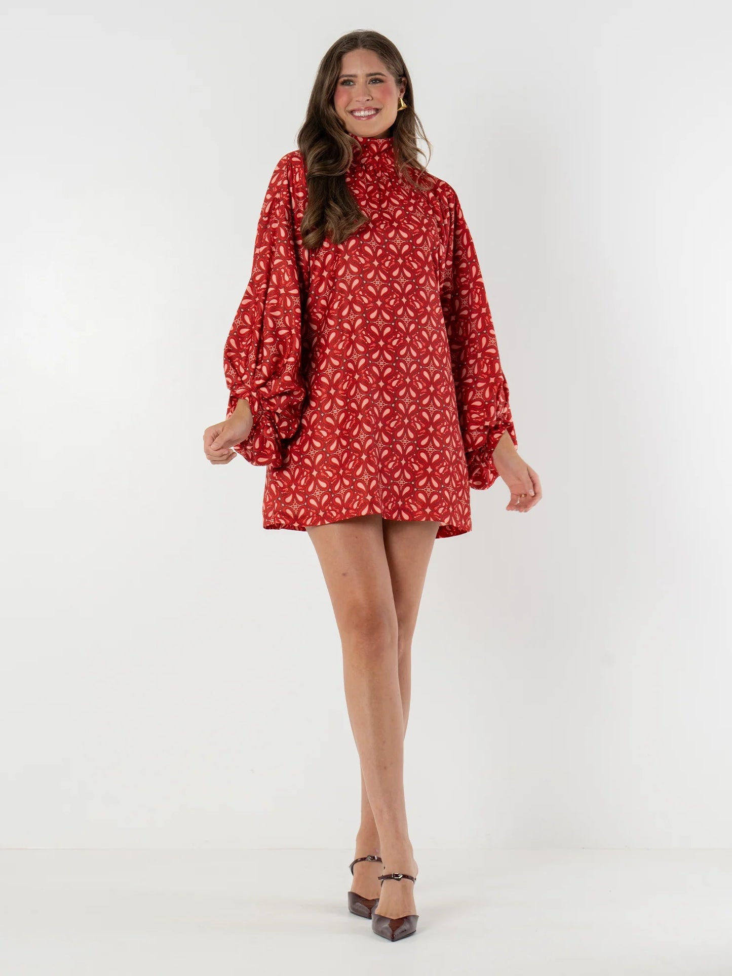 Bohemian High Neck Lantern Sleeve Mini Dress