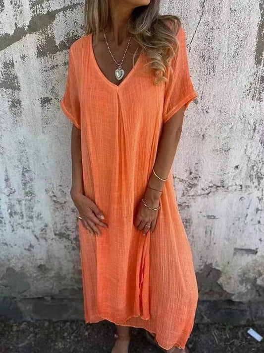 cotton and linen v neck midi dress