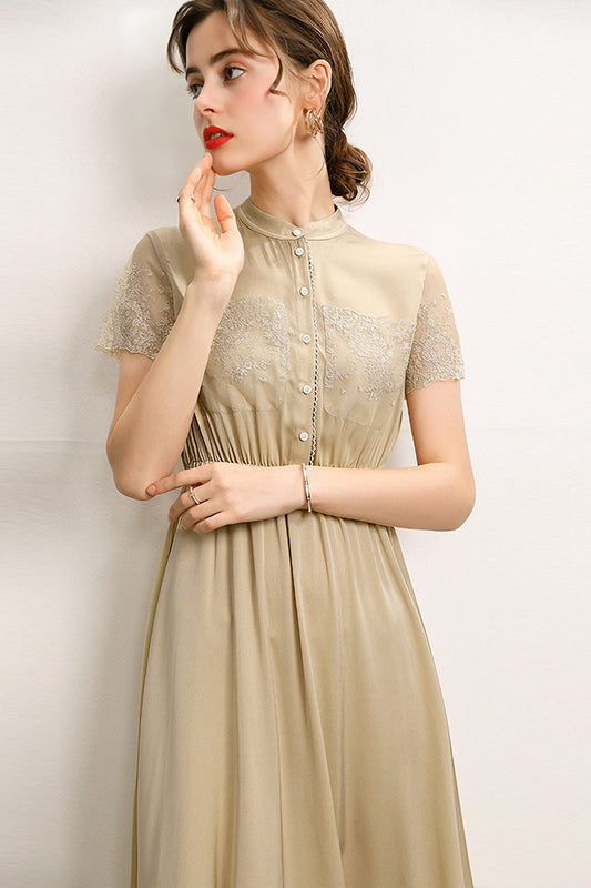 Waist-stitched lace stand-collar short-sleeved mid-length dress