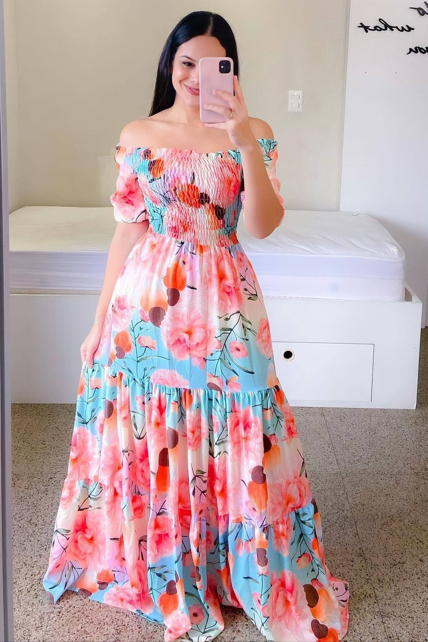 One-shoulder floral off-shoulder long printed dress