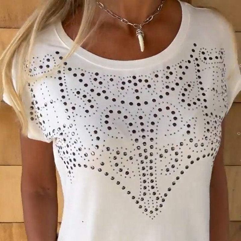 Women's Solid Colour Short Sleeve T-shirt With Hot Print And Frayed Hem