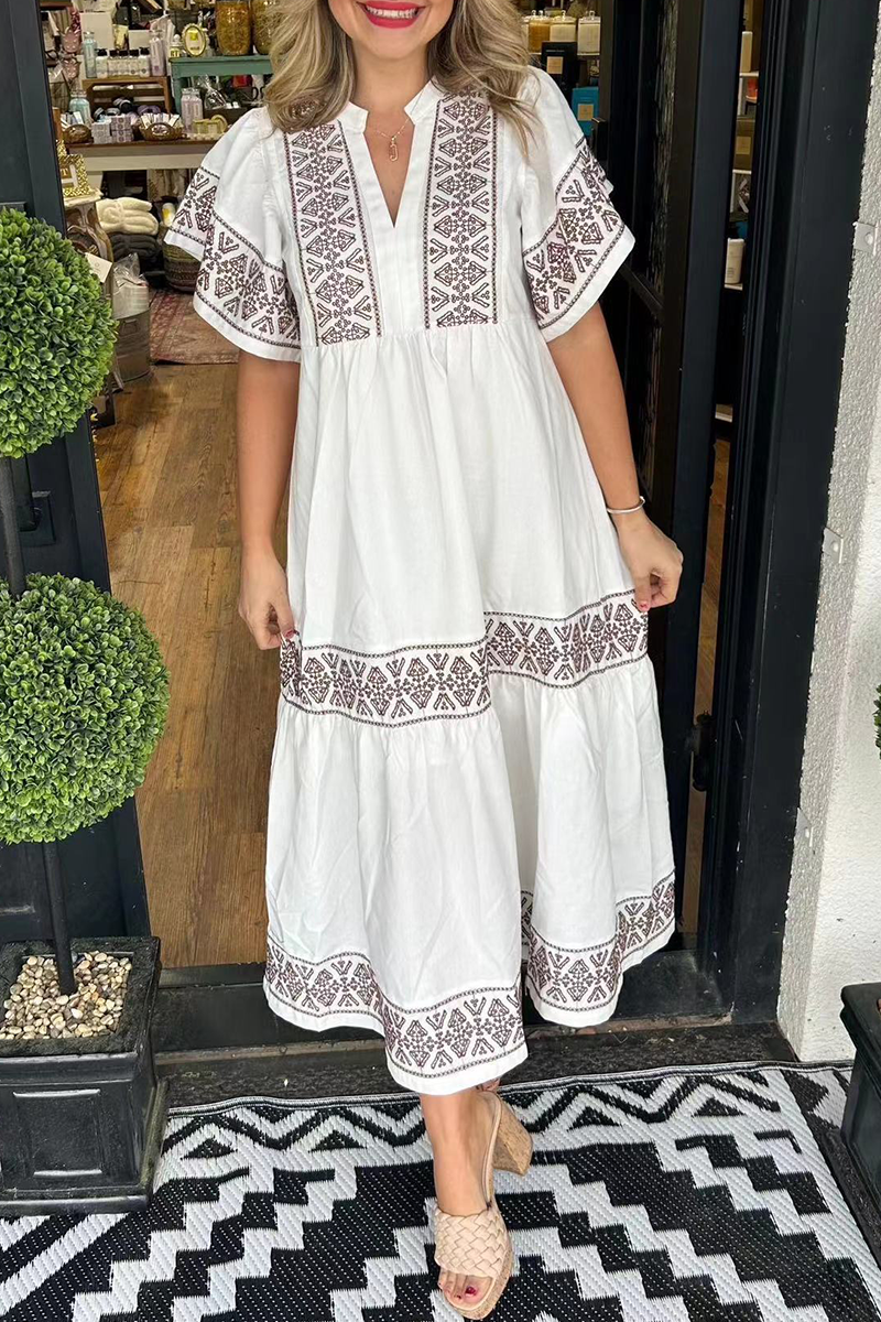 Geometric print patchwork V-neck A-line short-sleeved dress