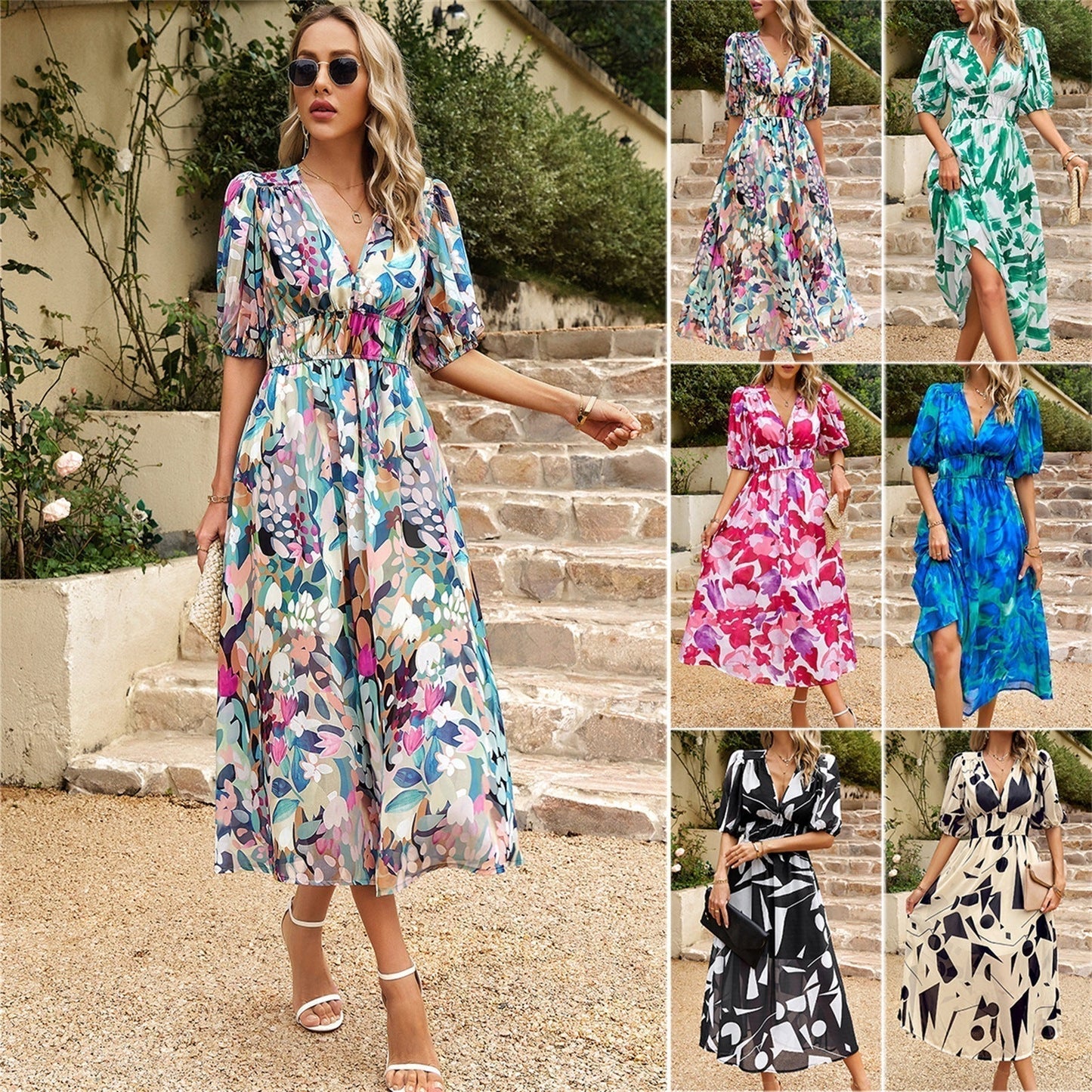 Elegant waisted V-neck printed dress (buy two for free shipping)