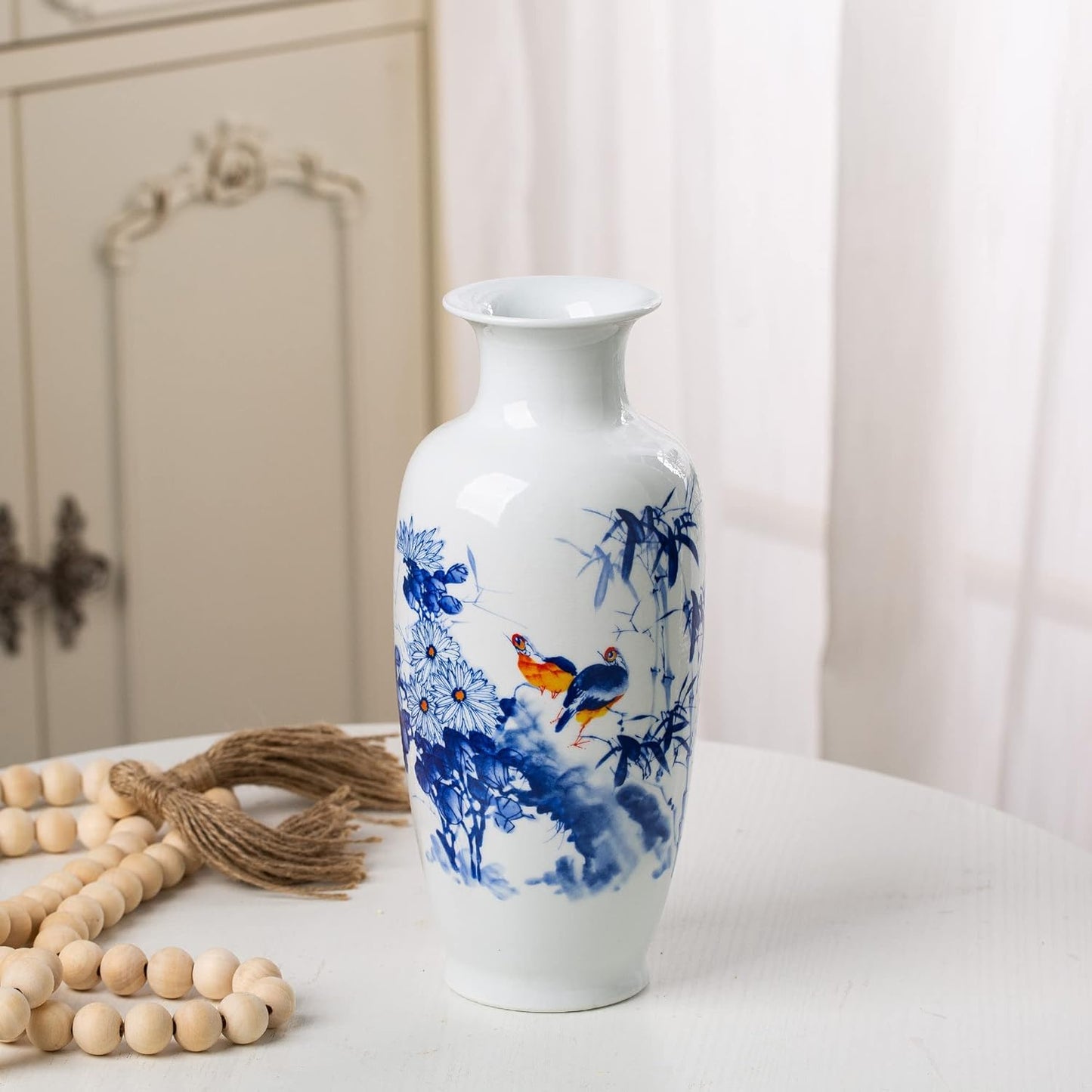 White Porcelain Vase Chinoiserie for Flowers Ceramic Boho Modern Small Shelf Decor Accents Living Room Jingdezhen Rustic Table Fireplace Farmhouse Objects Long Egg Shell Jar Gifts