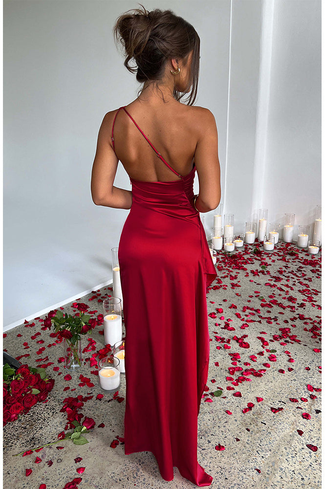 Sexy one-shoulder slim-fitting long slit backless dress