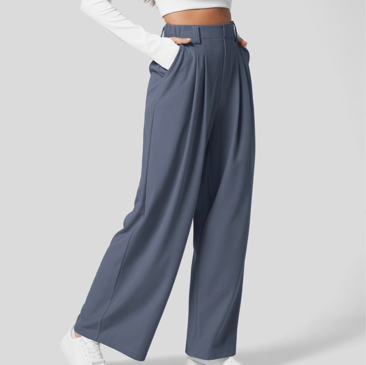 2024 High Waisted Plicated Side Pocket Wide Leg Waffle Casual Pants