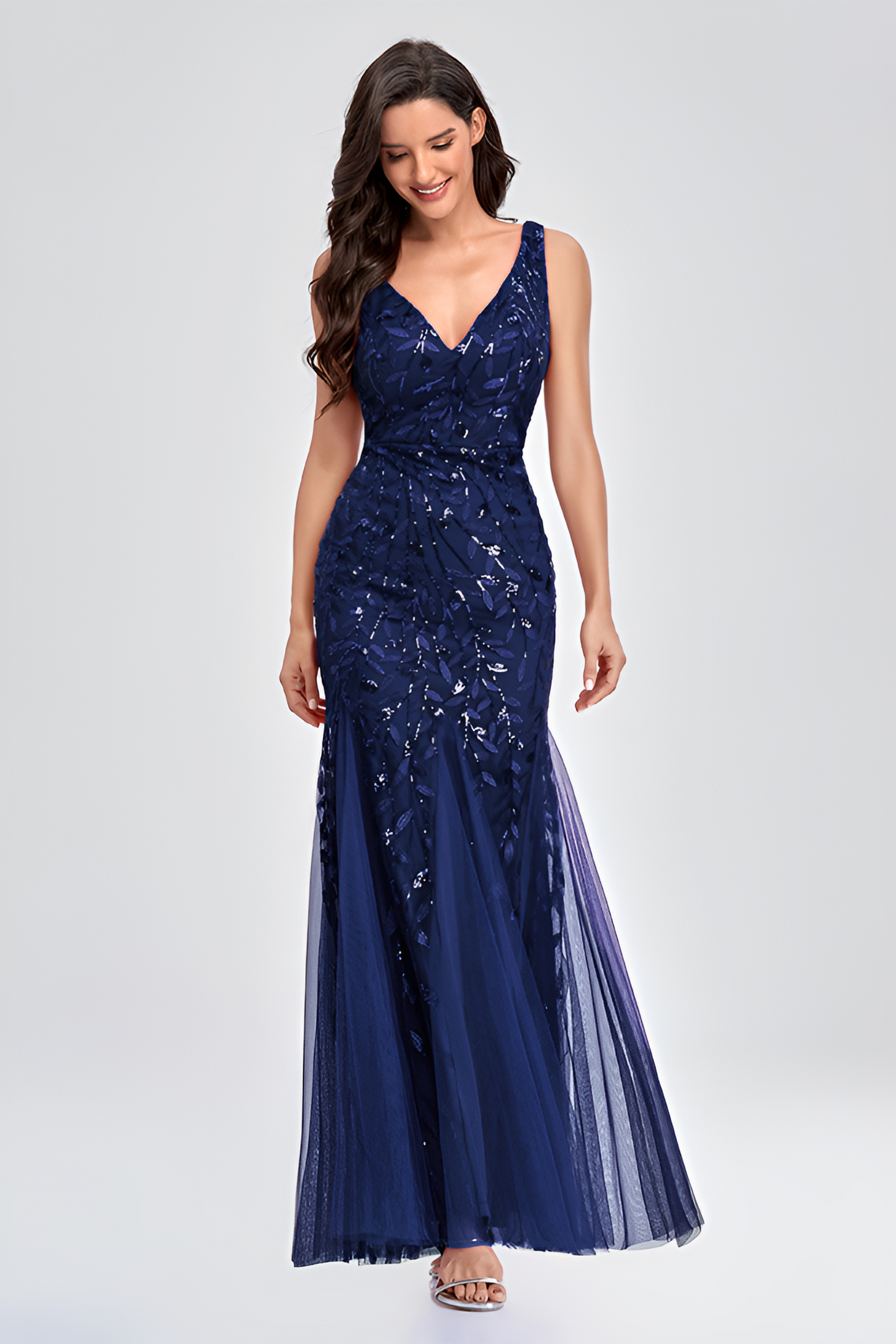 Sisakphoto™-Evening dress v-neck tulle embroidered sequin sexy mermaid ball gown