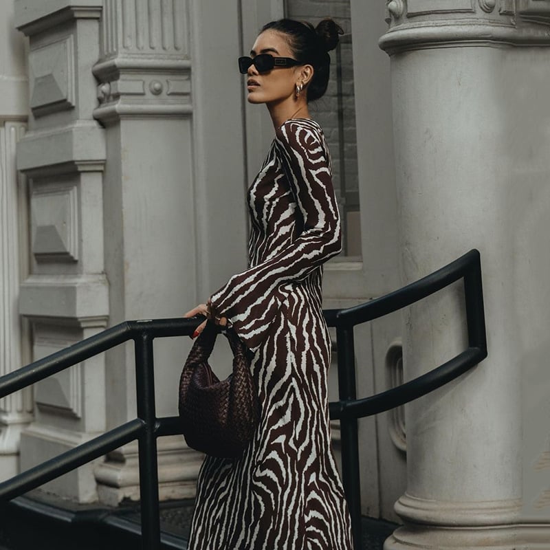 Long Sleeve Rose Printed Maxi Dress