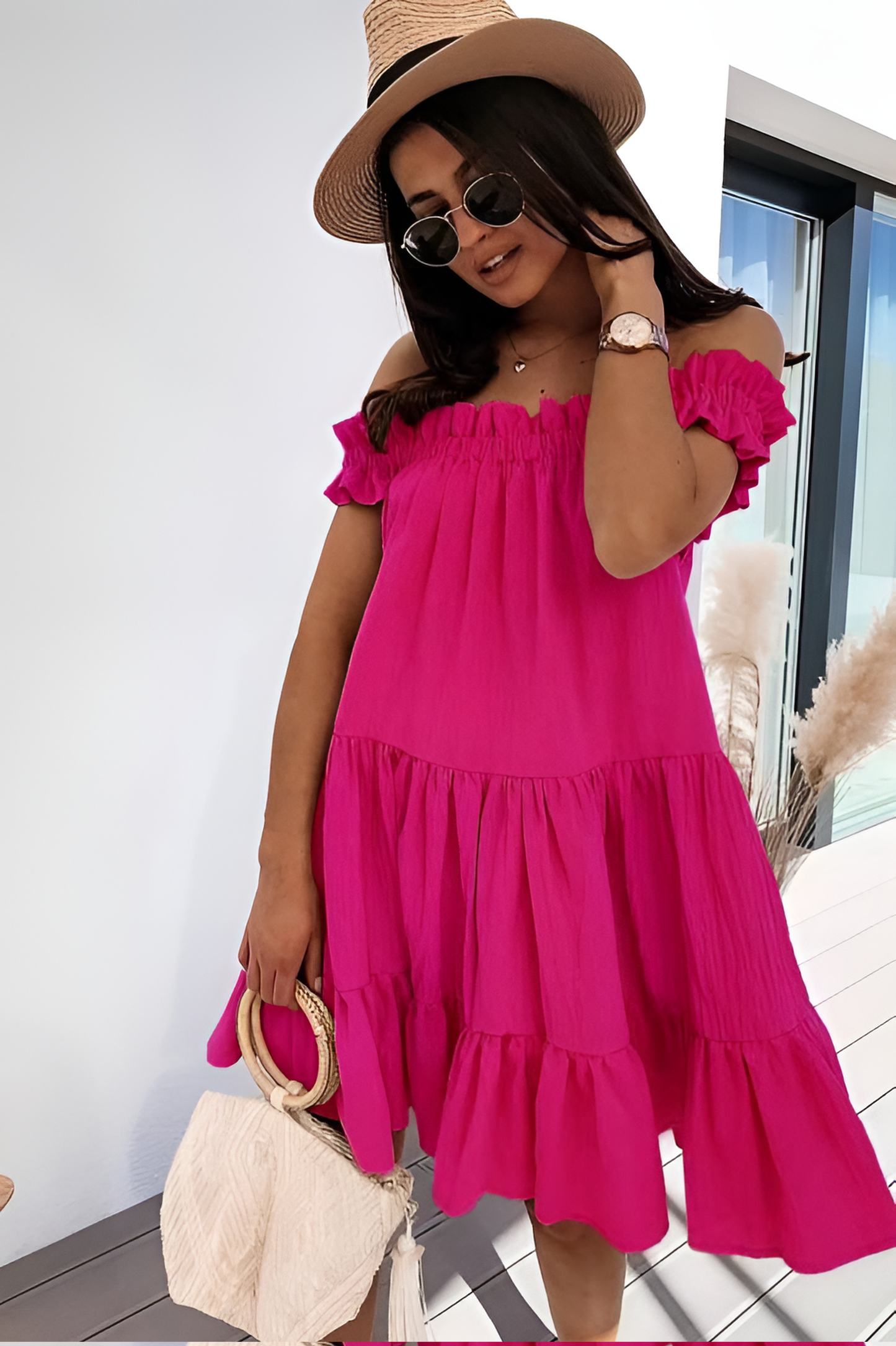 One-line collar loose short-sleeved solid color full skirt dress