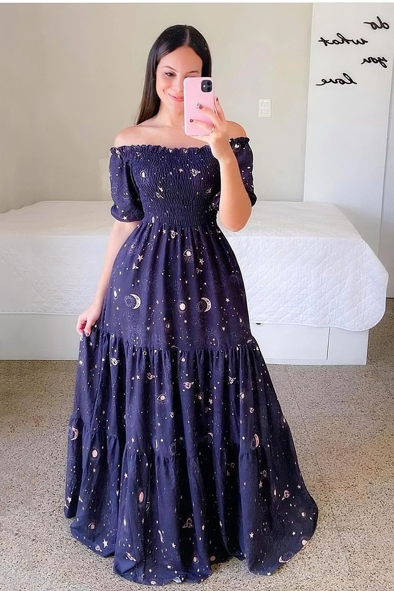 One-shoulder floral off-shoulder long printed dress