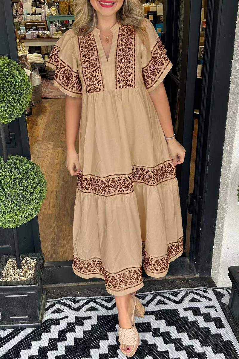 Geometric print patchwork V-neck A-line short-sleeved dress