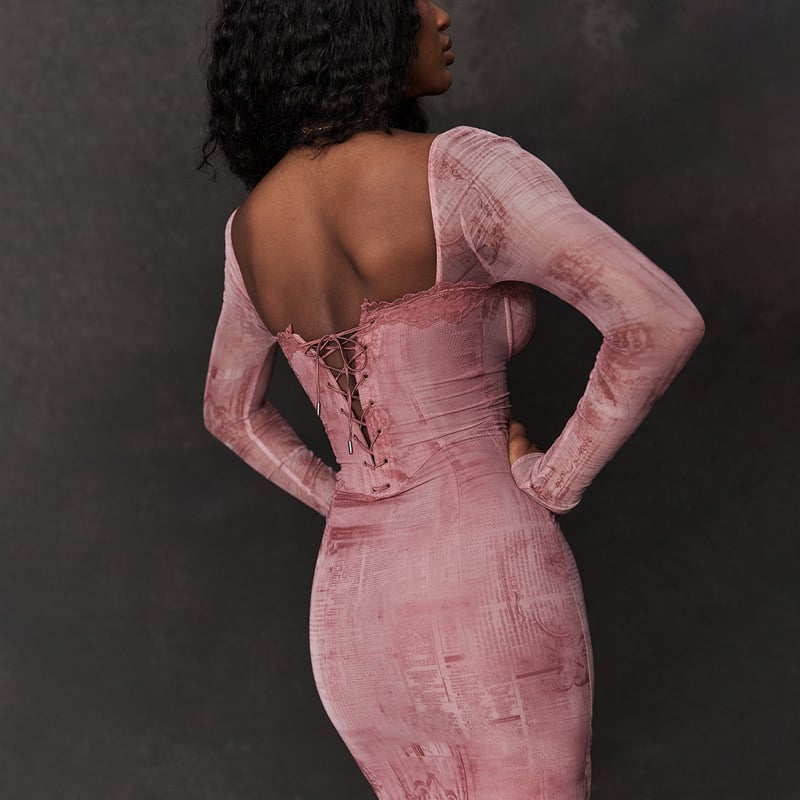 Sisakphoto™-Pink Fitted Long-sleeve Dress
