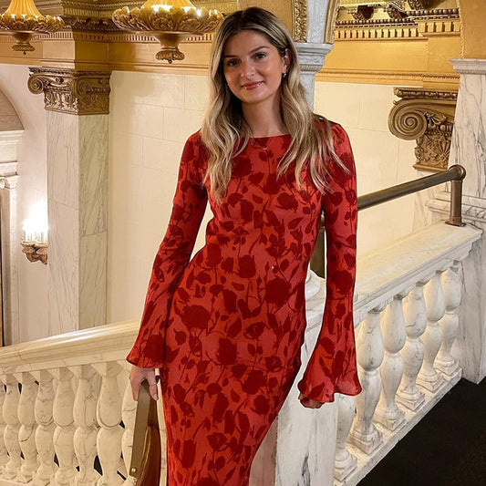 Long Sleeve Rose Printed Maxi Dress