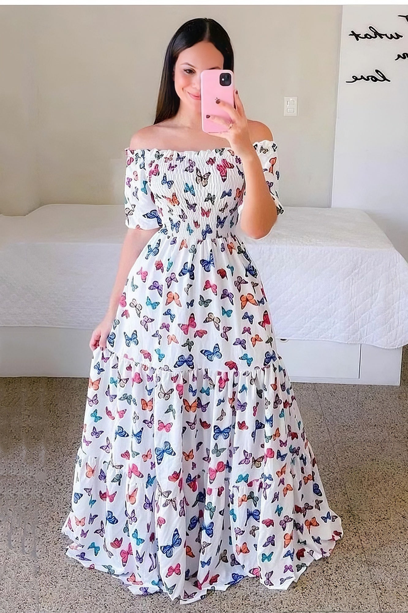 One-shoulder floral off-shoulder long printed dress