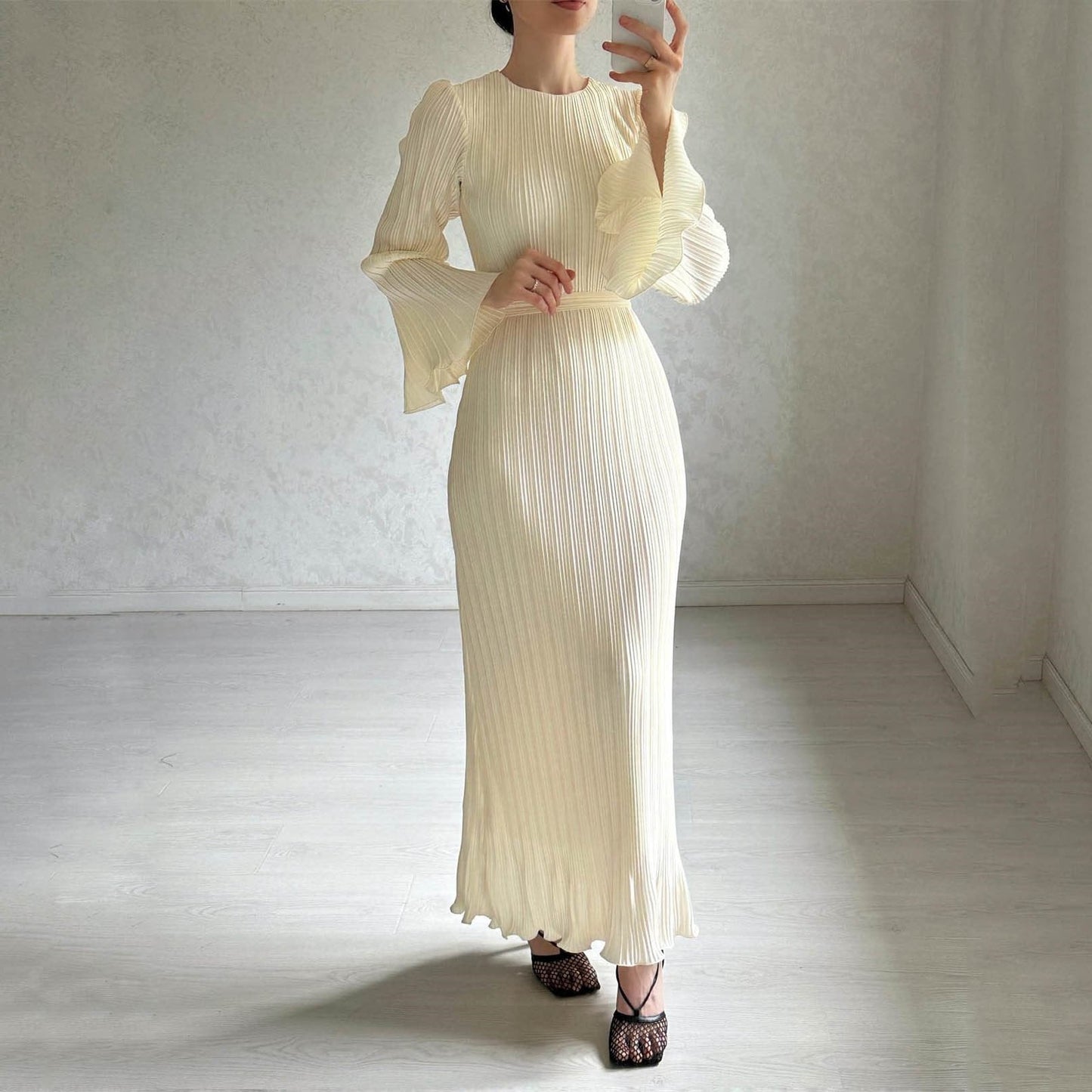 Pleated Bell Sleeve Maxi Dress (Buy 2 Free Shipping)