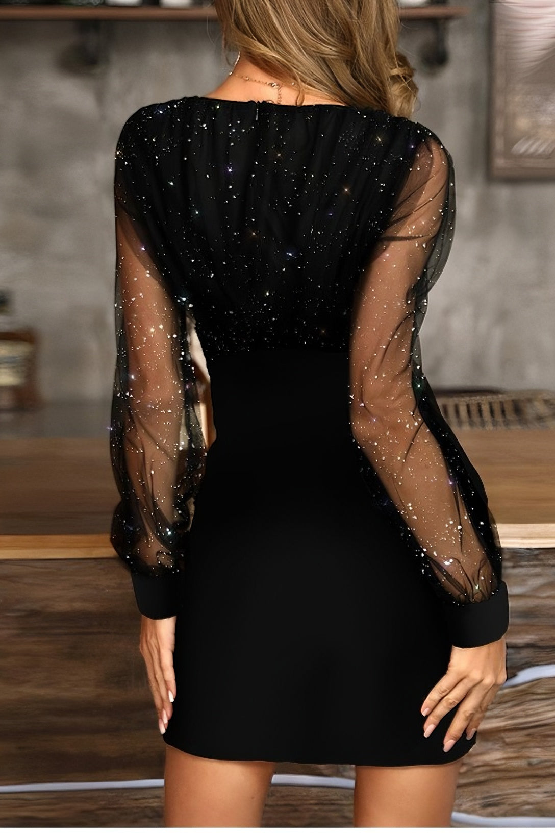 Mesh V-neck sequin dress slim dress