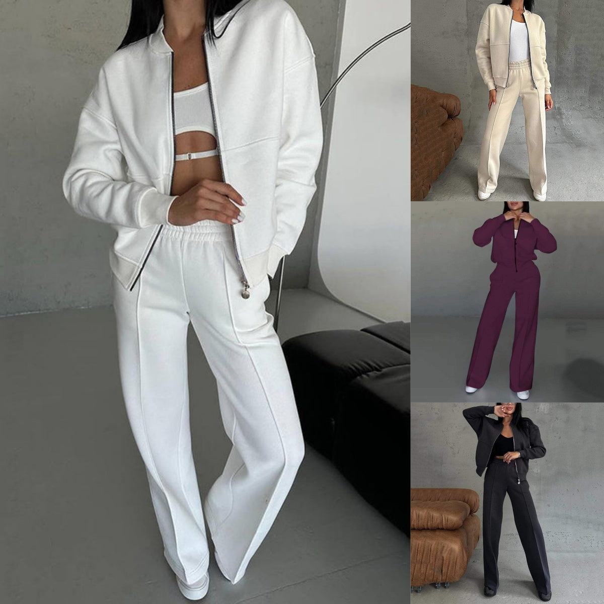 Women's Two-Piece Relaxed Fit Set - Zippered Jacket and Wide-Leg Pants