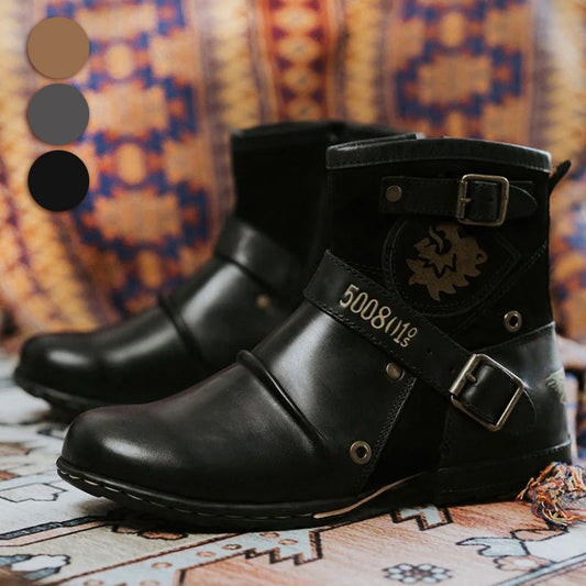 Unique style retro metal buckle side zipper men's boots