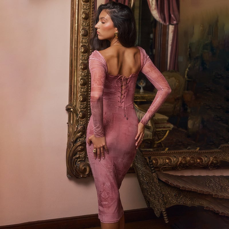 Sisakphoto™-Pink Fitted Long-sleeve Dress