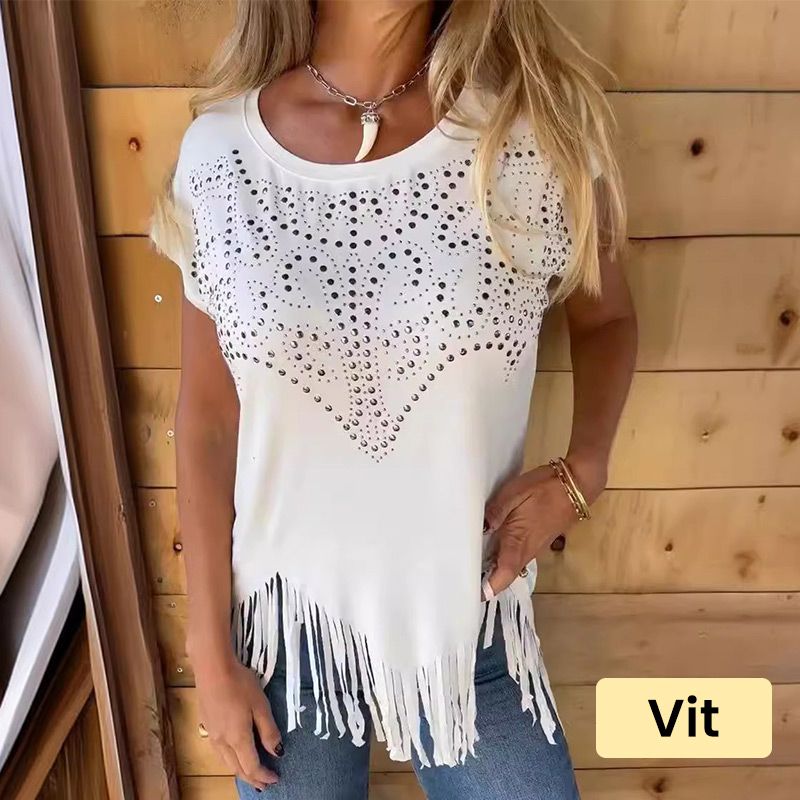 Women's Solid Colour Short Sleeve T-shirt With Hot Print And Frayed Hem