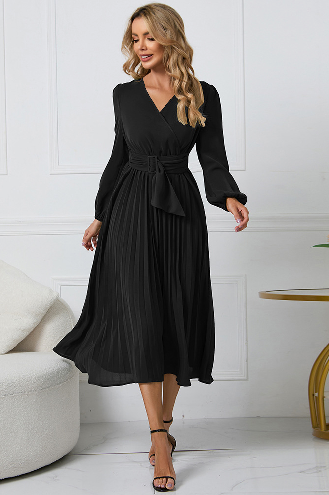 Slim fit pleated belted V-neck dress