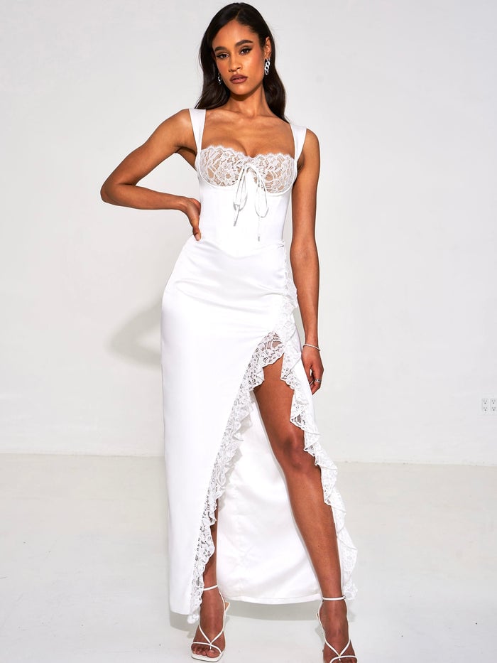 Sisakphoto™-White Lace Satin Maxi Corset Dress