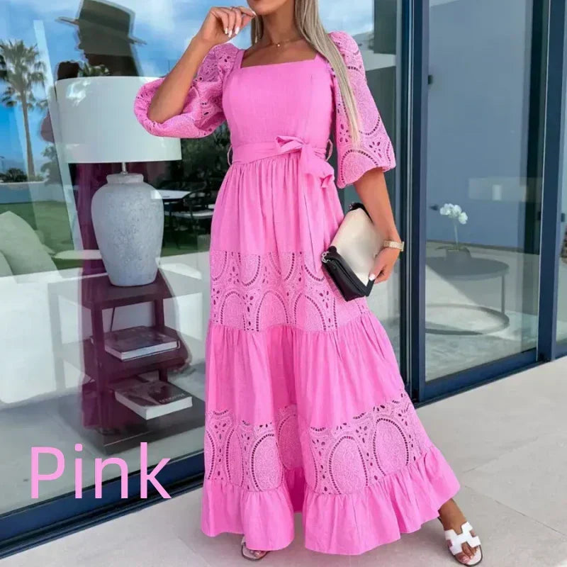💖Limited Sale 50% OFF💖Women’s Trendy Patchwork Tie Waist Square Neck Long Dress