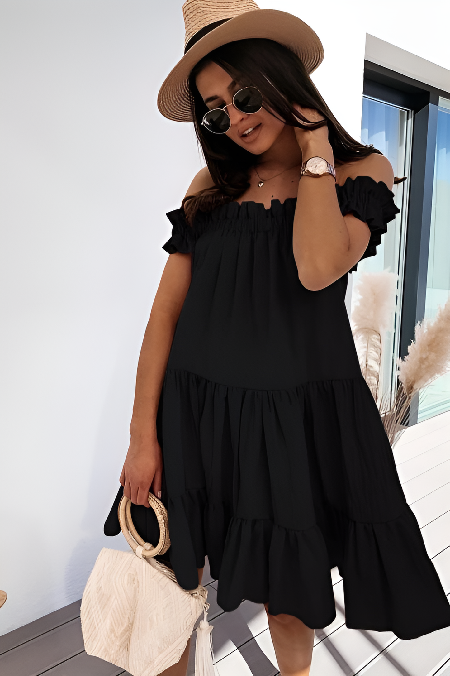 One-line collar loose short-sleeved solid color full skirt dress