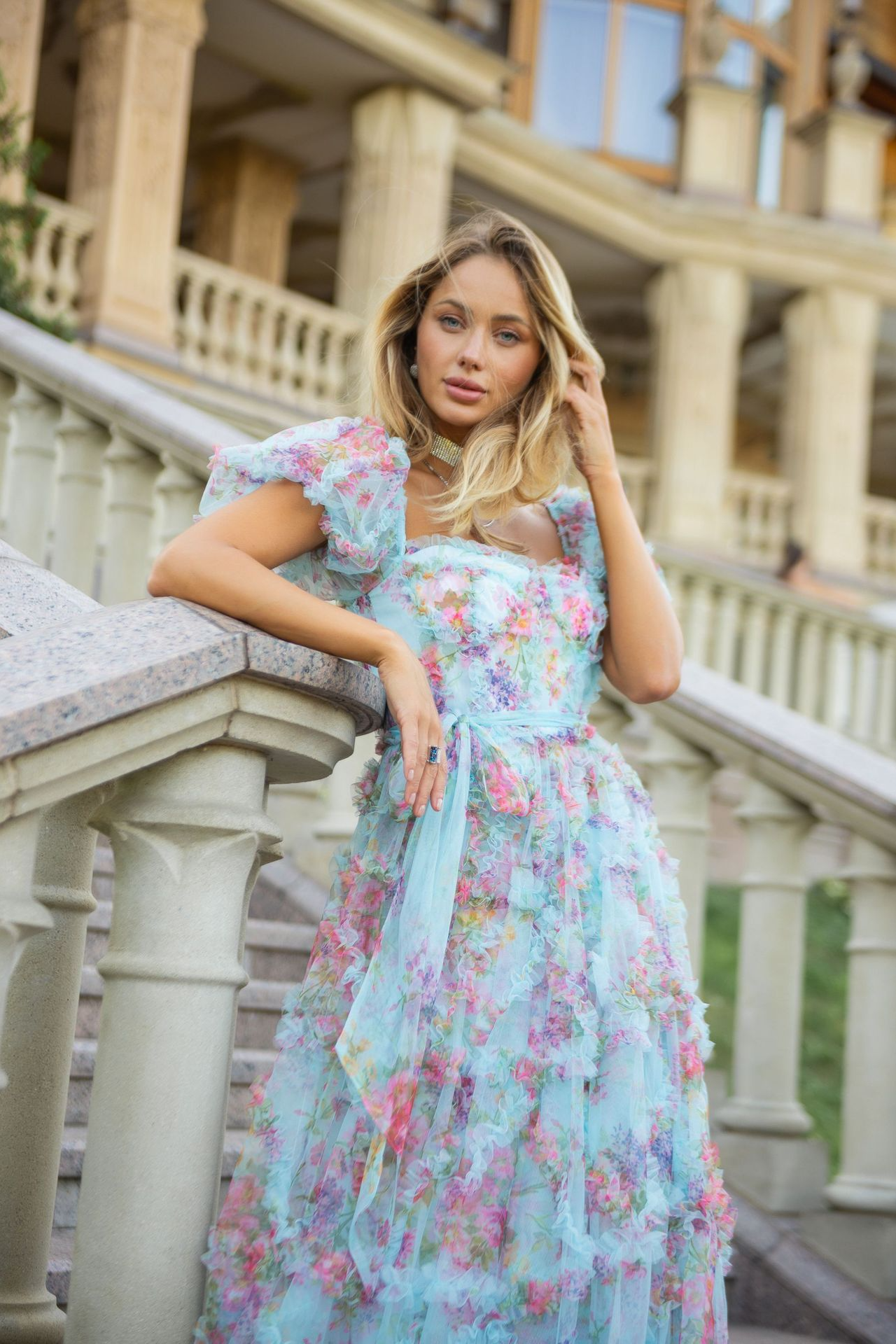 Sisakphoto™-Sweet and fresh puff-sleeved floral mesh dress with earrings