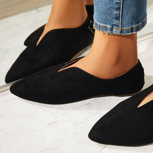 Black Round Toe V Cut Slip On Flat Loafers Soft Ballet Shoes