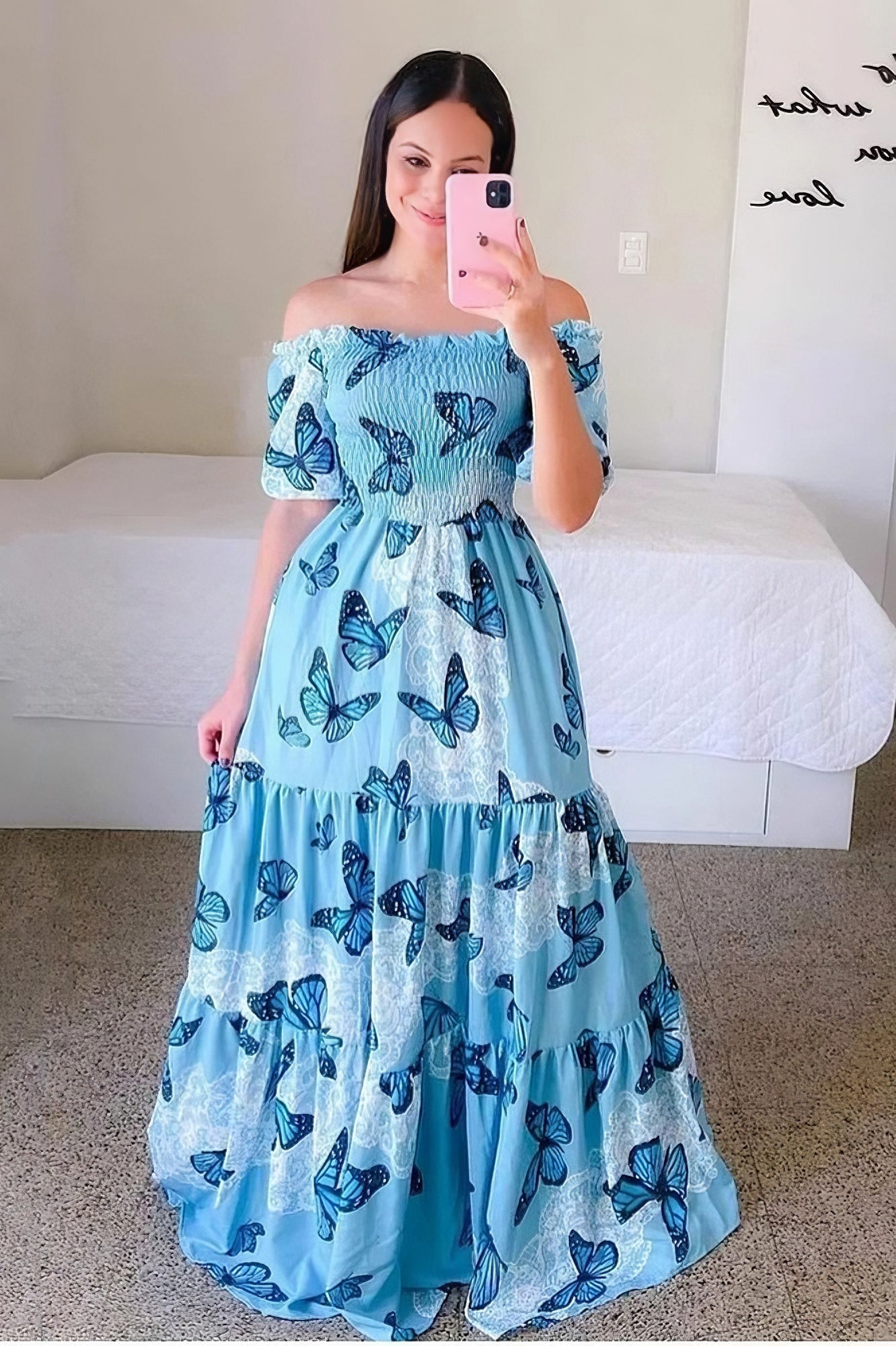 One-shoulder floral off-shoulder long printed dress