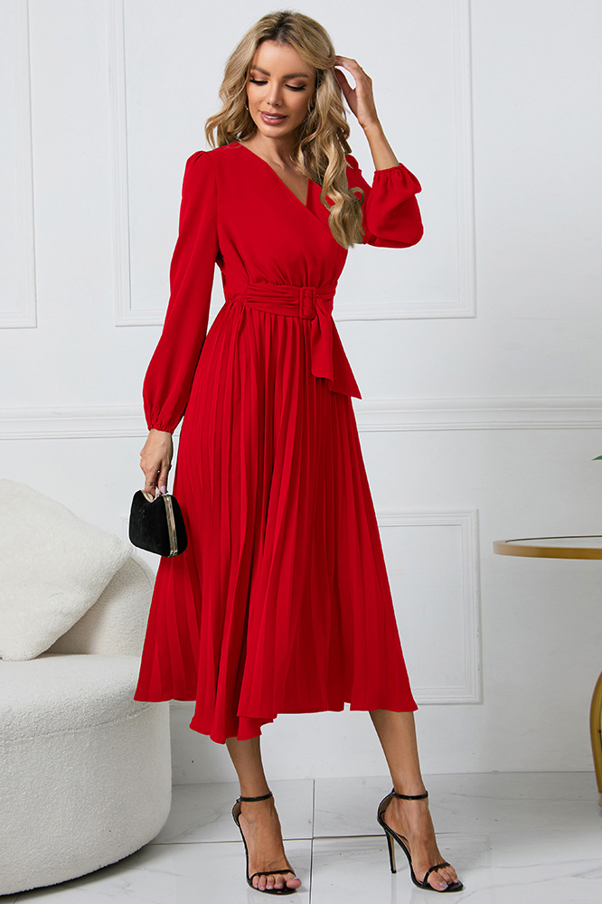 Slim fit pleated belted V-neck dress